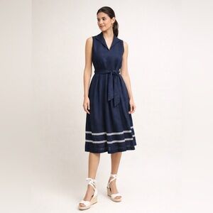 Linen Jones New York Blue Pleated Midi Dress Sleeveless Nautical Size 12P